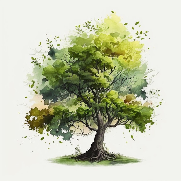 Foto pintura de un árbol con hojas verdes y un fondo blanco ai generativo