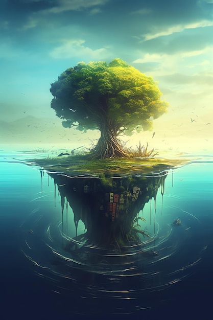 Una pintura de un árbol en una isla flotante