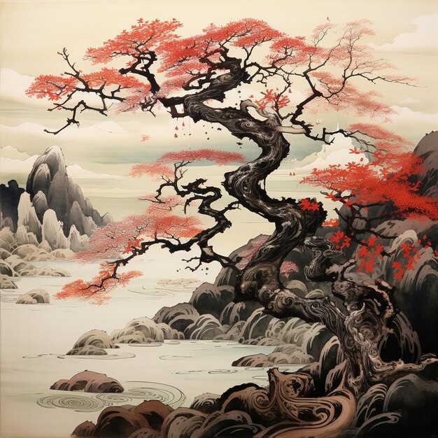 Foto una pintura de un árbol japonés con hojas rojas y un cielo japonés rojo