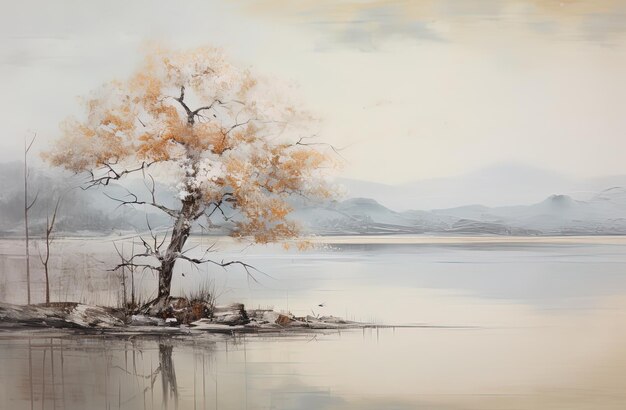 una pintura de un árbol junto a un lago con un lago y montañas en el fondo