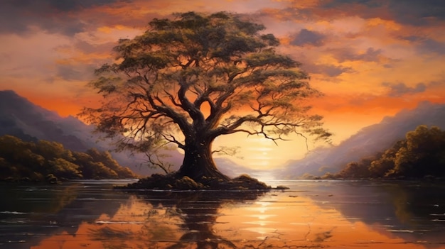 Una pintura de un árbol en un lago con una puesta de sol en el fondo IA generativa