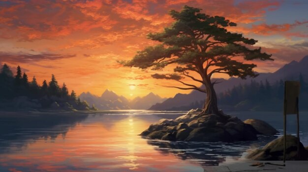 Una pintura de un árbol en un lago con una puesta de sol en el fondo IA generativa