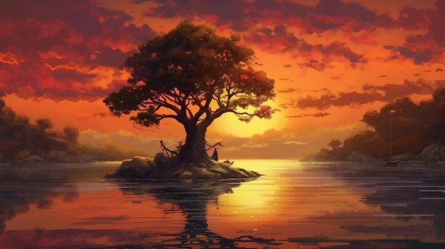 Una pintura de un árbol en un lago con una puesta de sol en el fondo IA generativa