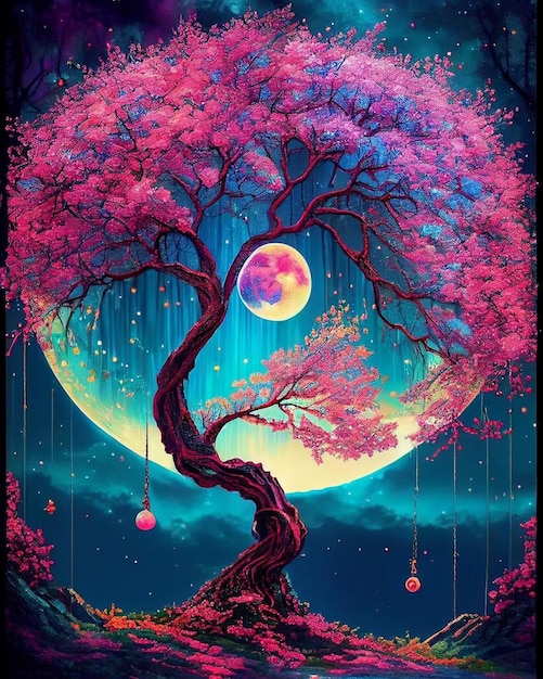 Una pintura de un árbol con la luna al fondo.