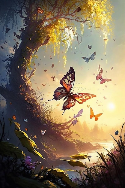 Una pintura de un árbol con mariposas y un lugar llamado mariposa.