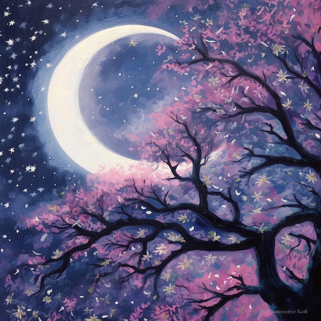 Pintura de un árbol con media luna y estrellas en el cielo ai generativo