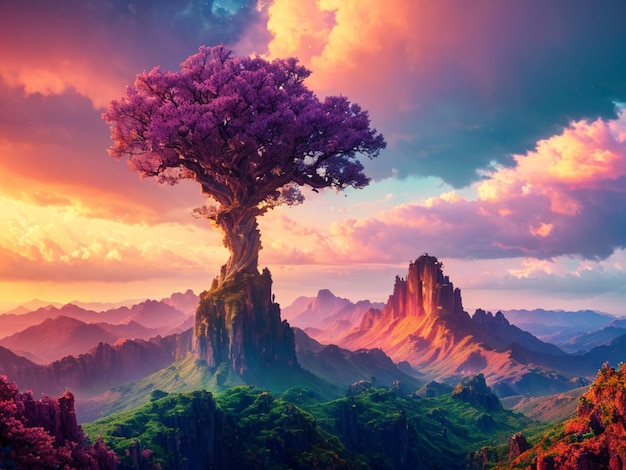 Una pintura de un árbol morado con una montaña al fondo.