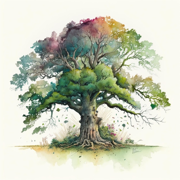 pintura de un árbol con muchas hojas y ramas ai generativo