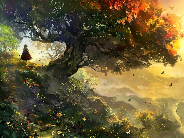 una pintura de un árbol con una mujer en un vestido rojo en él