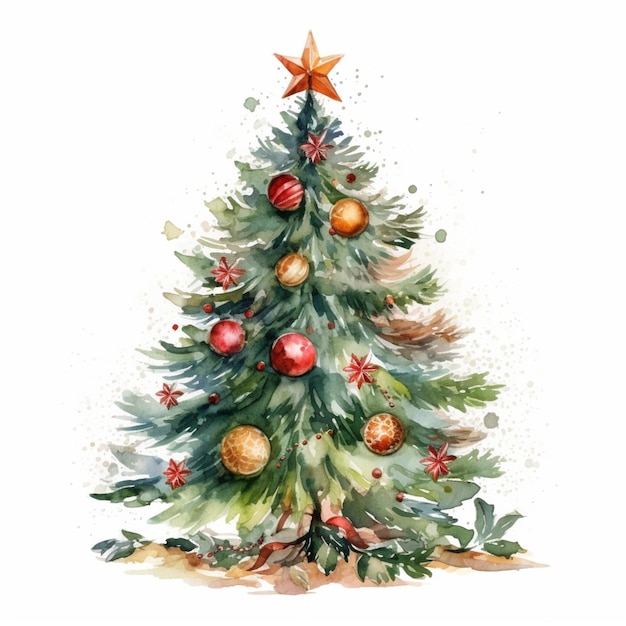 una pintura de un árbol de navidad con adornos y una estrella generativa ai