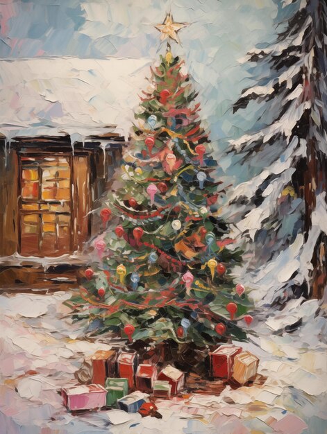 Pintura de árbol de Navidad Arte clásico famoso Tarjeta de felicitación Año Nuevo Poster de vacaciones Fondo