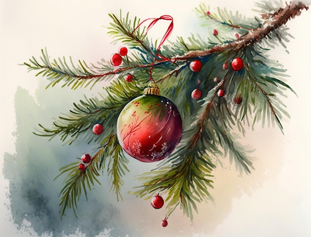 Una pintura de un árbol de navidad con una bola roja y frutos rojos.