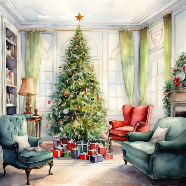 Una pintura de un árbol de navidad con una estrella en él