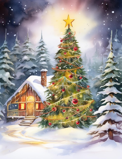 Pintura de un árbol de navidad frente a una cabaña en la nieve generativa ai
