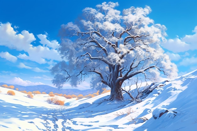 Una pintura de un árbol en la nieve.