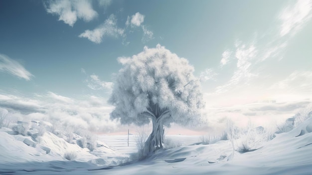 Una pintura de un árbol en la nieve.