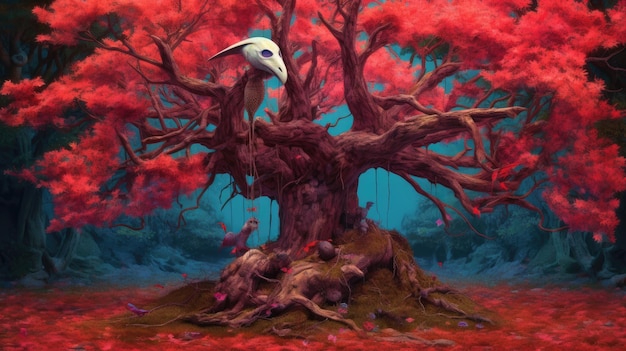 Una pintura de un árbol con un pájaro en él