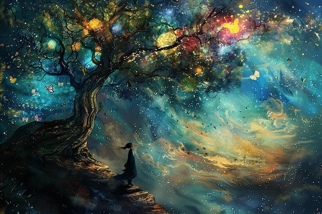 una pintura de un árbol con un pájaro