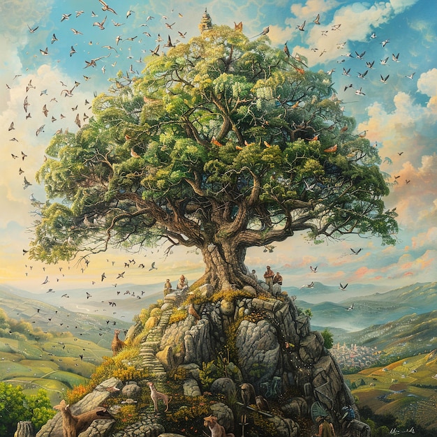 una pintura de un árbol con pájaros volando a su alrededor