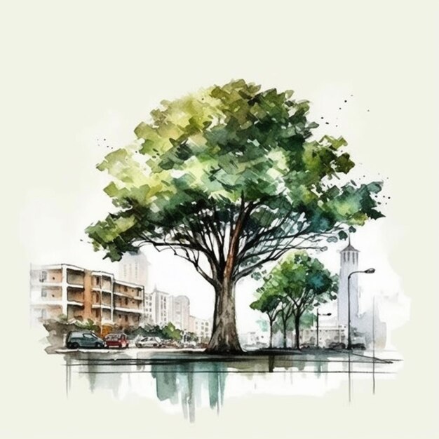 una pintura de un árbol en un parque de la ciudad con edificios al fondo ai generativo