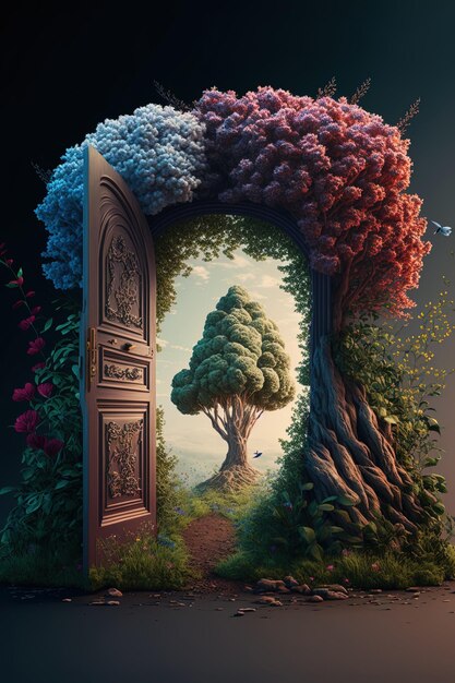 una pintura de un árbol con una puerta que dice la puerta