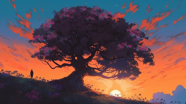 Una pintura de un árbol con la puesta de sol detrás de él.