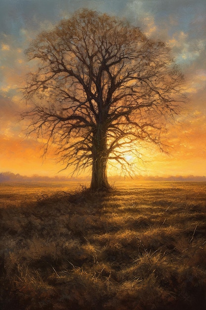 Una pintura de un árbol con la puesta de sol detrás de él.