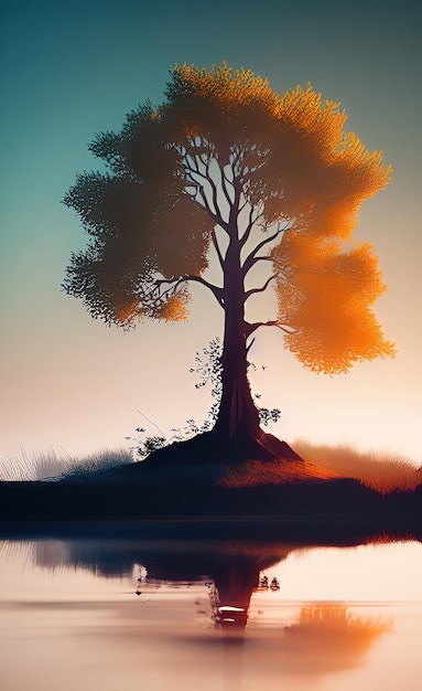Una pintura de un árbol con la puesta de sol detrás de él.