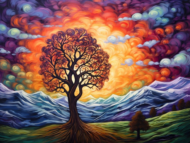 Una pintura de un árbol con la puesta de sol detrás de él.