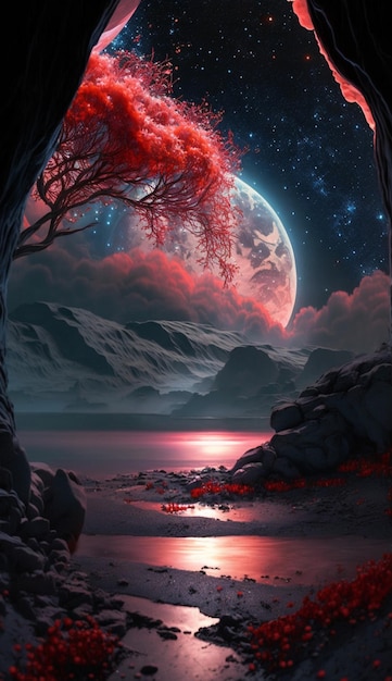 Pintura de un árbol rojo con luna llena de fondo ai generativo