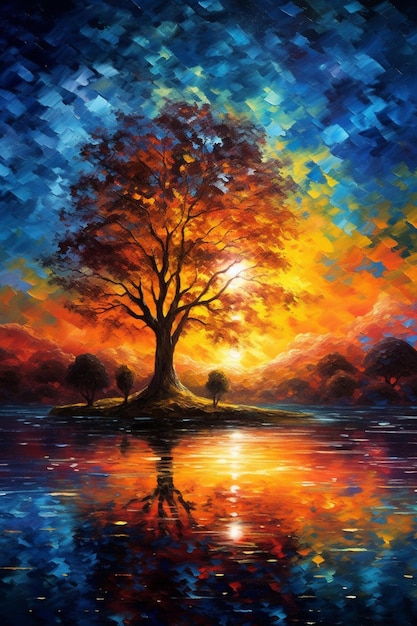 Pintura de un árbol sobre un lago con un atardecer de fondo ai generativo