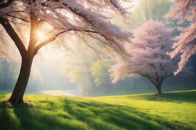 una pintura de un árbol con el sol brillando a través de él