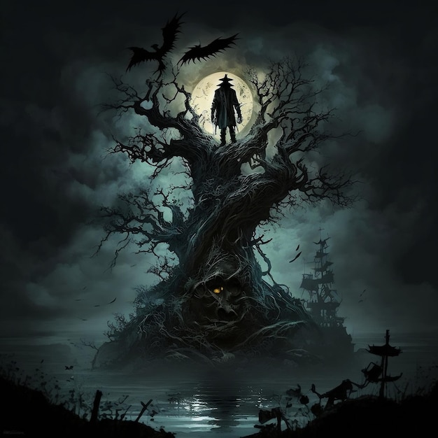 Una pintura de un árbol de terror con arte conceptual de fondo a la luz de la luna