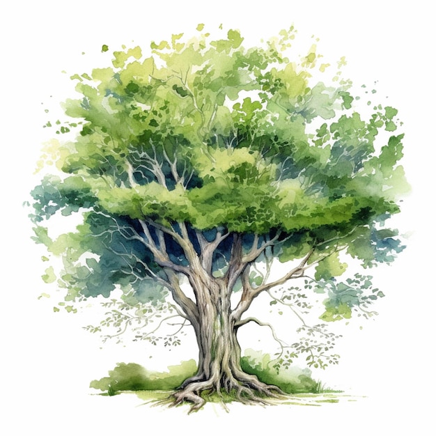 Una pintura de un árbol con un tronco frondoso verde generativo ai