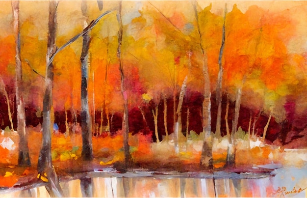 Una pintura de árboles con colores de otoño.