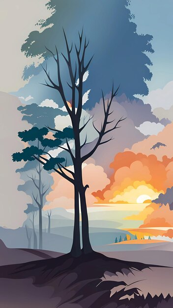 una pintura de árboles y la ilustración del paisaje del atardecer