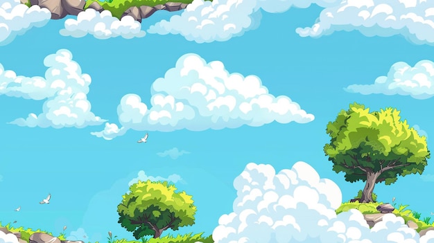 una pintura de árboles y nubes con un pájaro volando en el cielo
