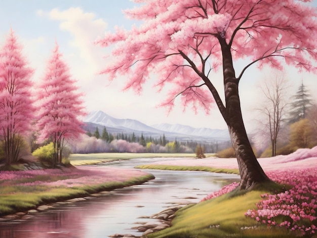 una pintura de árboles rosados y un río