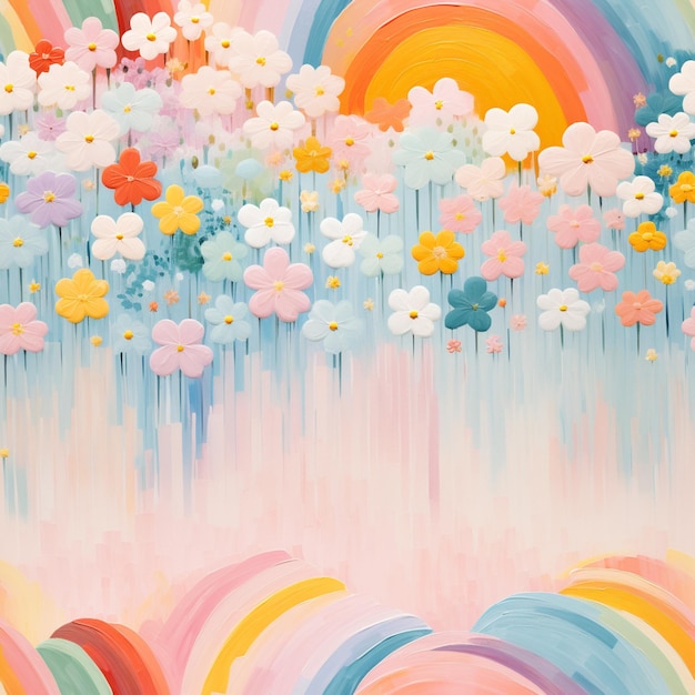 pintura de un arco iris y flores con un cielo de fondo generativo ai