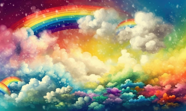 Una pintura de un arcoíris en el cielo con nubes y arcoíris.