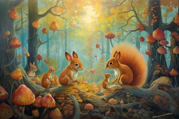 Pintura de una ardilla y dos ardillas bebé en un bosque generativo ai