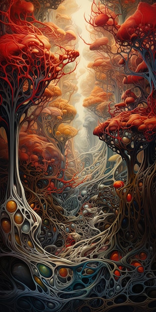 una pintura de un arrecife de coral con una gran cantidad de corales