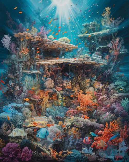 Una pintura de un arrecife de coral con peces y corales.