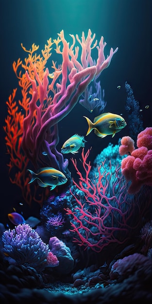 Una pintura de un arrecife de coral con peces y un fondo azul.