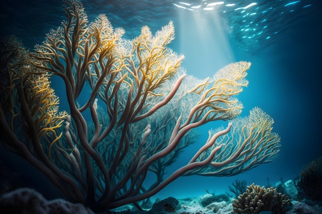 Una pintura de un arrecife de coral con el sol brillando a través del agua.