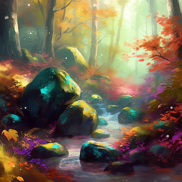 Una pintura de un arroyo en el bosque con un fondo colorido.