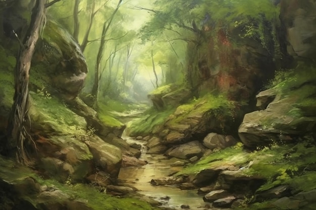 Una pintura de un arroyo en un bosque con musgo en las rocas.