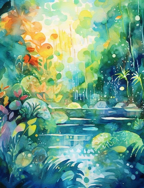 Pintura de un arroyo en un bosque tropical con mucha agua generativa ai