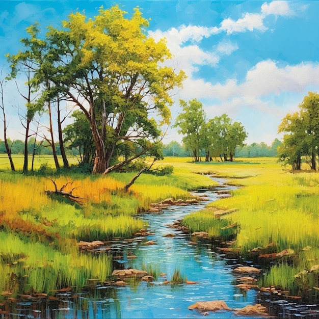 Una pintura de un arroyo en un campo con árboles y pasto.