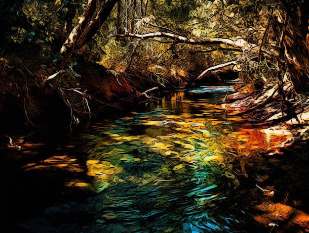 Una pintura de un arroyo con los colores de los árboles de fondo.